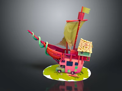 Cartoon Scene Featuring Colorful Ship Small House Yellow Flag Wooden Roof And Green Grass Base 3d model