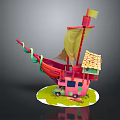 Cartoon Scene Featuring Colorful Ship Small House Yellow Flag Wooden Roof And Green Grass Base