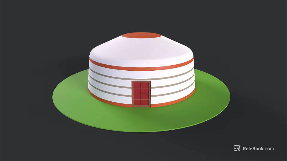 Dome Shaped Building Model With White Exterior Orange Stripes Red Door On Green Base 3d model 