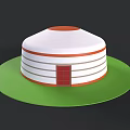 Dome Shaped Building Model With White Exterior Orange Stripes Red Door On Green Base