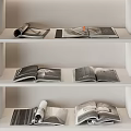 Open Books And Magazines Arranged On Three Shelves In Monochrome Tone