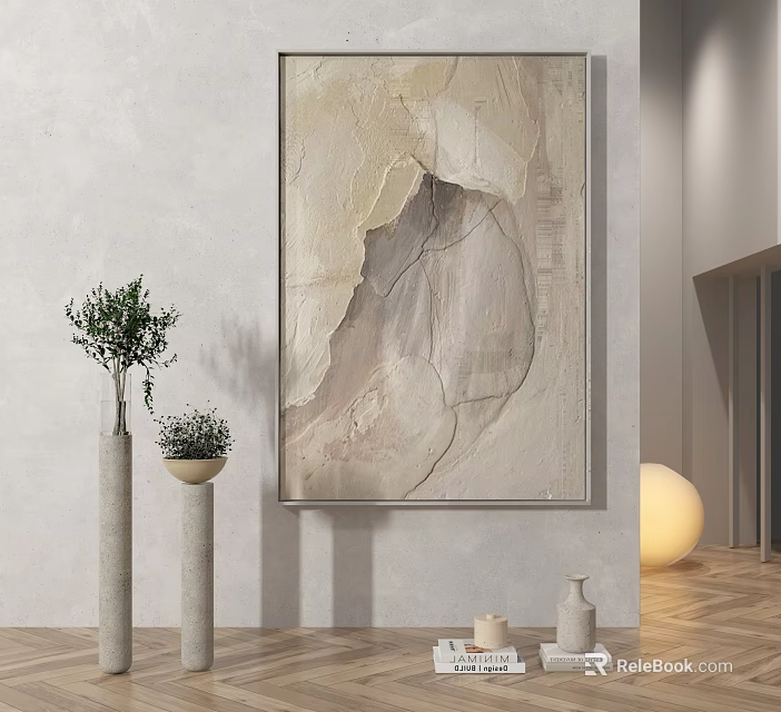 Abstract Painting Hanging on Light Wall With Vases Green Plants Spherical Lamp and Wooden Floor 3d model 