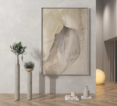 Abstract Painting Hanging on Light Wall With Vases Green Plants Spherical Lamp and Wooden Floor 3d model