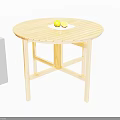 Round Wooden Coffee Table With Striped Tabletop And Plate Of Lemons On Top