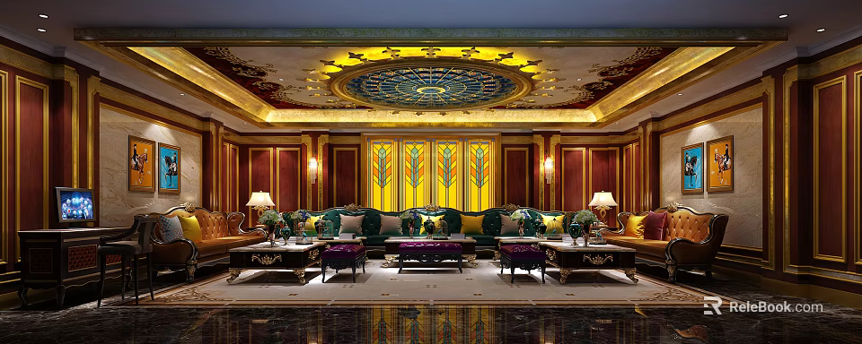 Elegant KTV Room Interior Featuring Decorative Ceiling Comfortable Sofa And Coffee Tables 3d model