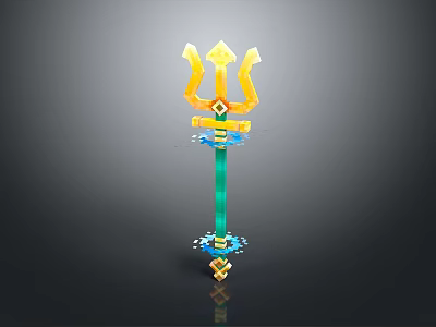 Decorative Trident Weapon Featuring Golden Prongs Green Staff And Blue Glowing Accents 3d model