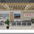 Tourist Center Interior With Wooden Ceiling Pendant Lights Waiting Benches Tables And Counter