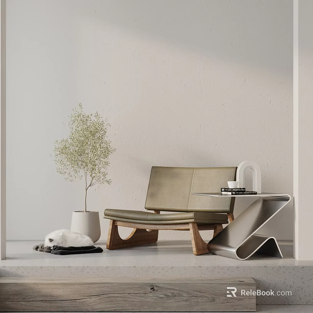 Olive Green Leather Leisure Chair With Wooden Legs And Small Side Table In Neutral Interior 3d model 