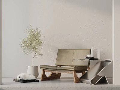 Olive Green Leather Leisure Chair With Wooden Legs And Small Side Table In Neutral Interior 3d model