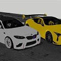 Silver BMW and Yellow Lexus High Performance Sports Cars Parked On Race Track
