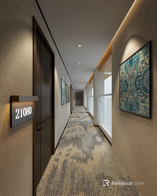 Elegant Hotel Corridor Interior With Room Number Sign Decorative Paintings And Patterned Carpet 3d model 