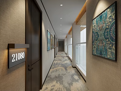 Elegant Hotel Corridor Interior With Room Number Sign Decorative Paintings And Patterned Carpet 3d model