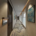 Elegant Hotel Corridor Interior With Room Number Sign Decorative Paintings And Patterned Carpet