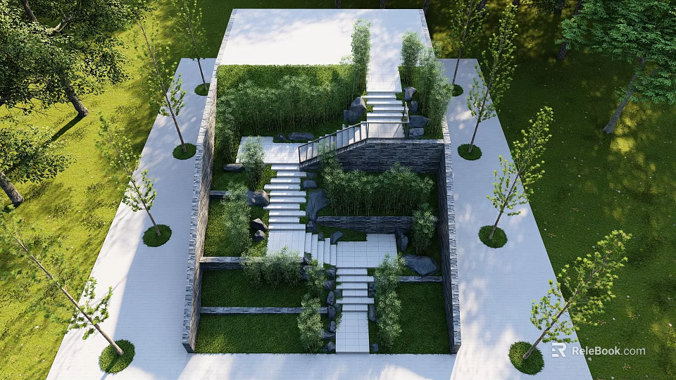 Modern Garden Staircase Design With Stone Steps Greenery And Surrounding Trees 3d model 