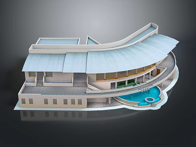 Playful Cartoon Modern Building Scene With Curved Roof Swimming Pool And Terrace 3d model