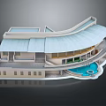 Playful Cartoon Modern Building Scene With Curved Roof Swimming Pool And Terrace