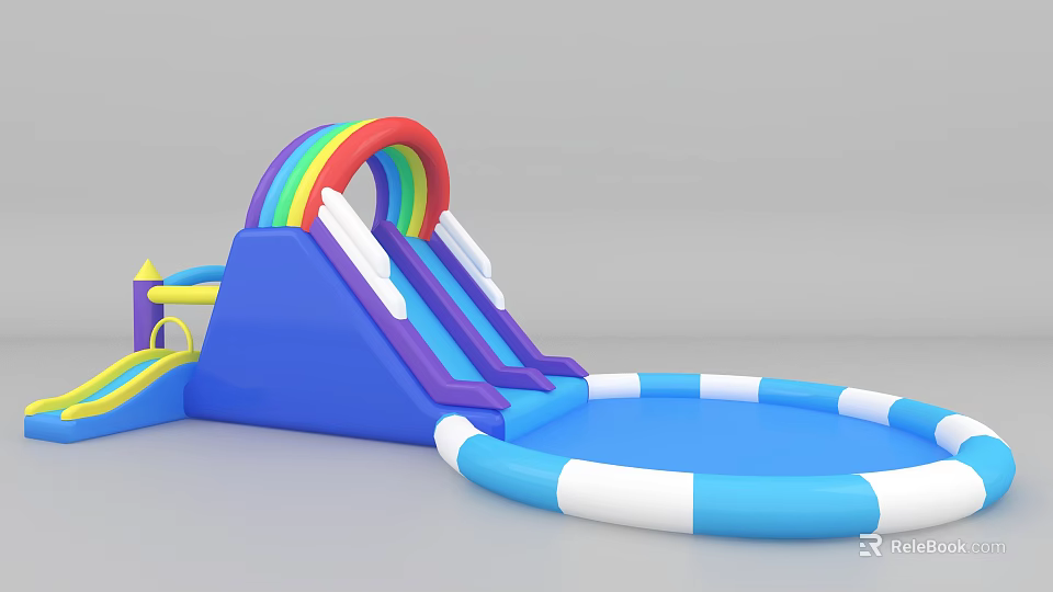 Colorful Play Equipment With Rainbow Slide Blue Structure Cloud Decorations and Blue White Inflatable Pool 3d model 