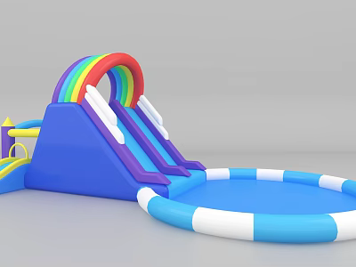 Colorful Play Equipment With Rainbow Slide Blue Structure Cloud Decorations and Blue White Inflatable Pool 3d model