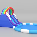 Colorful Play Equipment With Rainbow Slide Blue Structure Cloud Decorations and Blue White Inflatable Pool