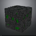 Gray Cube with Irregular Cracked Surface and Green Light Glowing