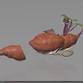 Whole Sweet Potatoes With Green Leaves Roots And Sliced Piece On Dark Background