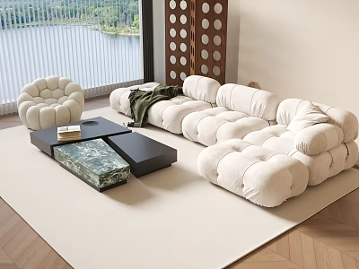 White Puffy Sofa And Coffee Table Set With Throw Blanket Near Lake View Window 3d model