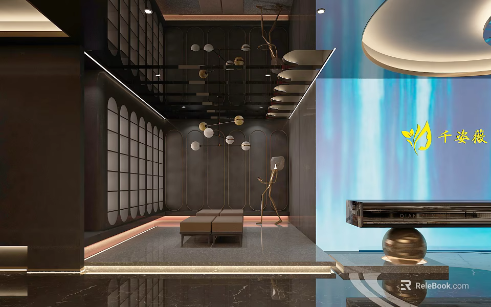 Modern Luxury Clubhouse Black Walls Blue Backdrop Golden Logo And Marble Flooring Decorative Lights 3d model 