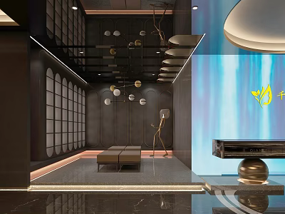 Modern Luxury Clubhouse Black Walls Blue Backdrop Golden Logo And Marble Flooring Decorative Lights 3d model