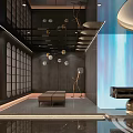 Modern Luxury Clubhouse Black Walls Blue Backdrop Golden Logo And Marble Flooring Decorative Lights