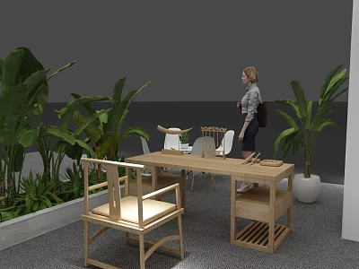 Natural Indoor Space With Wooden Table Chairs Green Plants And Woman Standing 3d model