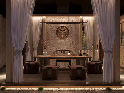 Traditional Chinese Tea House Interior With Wooden Structure Circular Decor Curtains And Tea Table 3d model