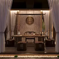 Traditional Chinese Tea House Interior With Wooden Structure Circular Decor Curtains And Tea Table