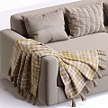 Comfortable Beige Multi Seater Sofa With Plaid Striped Blankets And Decorative Pillows