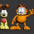 Orange Garfield Waving Hand And Yellow Dog Toy Figures With Tongue Out On Dark Surface