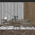 Sofa and Coffee Table Set with Woodland Pattern Wall Geometric Rug on Herringbone Floor 3d model