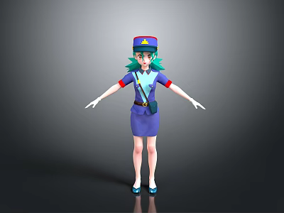Anime Style Cartoon Character With Green Hair Blue Uniform Hat And Badge 3d model