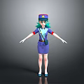 Anime Style Cartoon Character With Green Hair Blue Uniform Hat And Badge