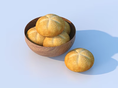 Freshly Baked Golden Cross Pattern Bread in Wooden Bowl and Single Loaf 3d model