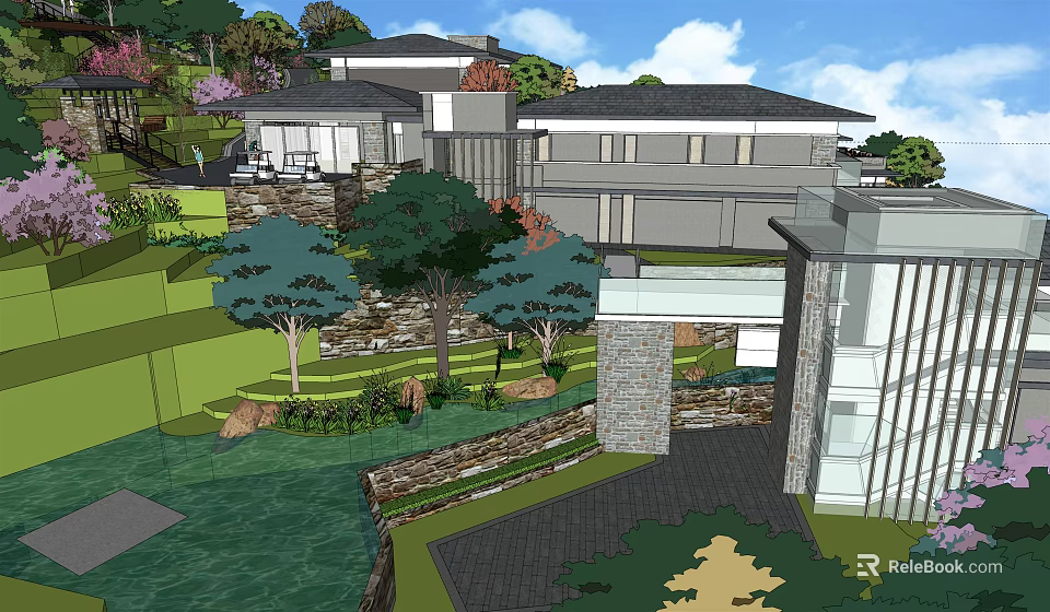 Modern Hotel Building Surrounded by Landscaped Gardens Stone Walls Greenery and Pathways 3d model 