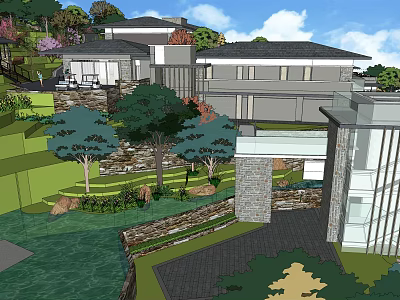 Modern Hotel Building Surrounded by Landscaped Gardens Stone Walls Greenery and Pathways 3d model