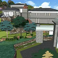 Modern Hotel Building Surrounded by Landscaped Gardens Stone Walls Greenery and Pathways