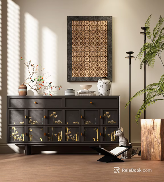 Elegant Entryway Console Cabinet With Gold Decor Accents Vase Green Plants And Wall Art 3d model 