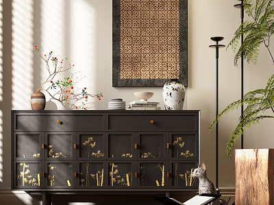Elegant Entryway Console Cabinet With Gold Decor Accents Vase Green Plants And Wall Art 3d model