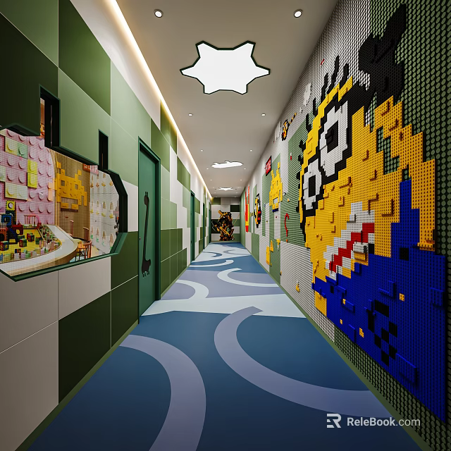 Elevator Corridor With Green White Walls Blue Wavy Floor And Lego Cartoon Decorations 3d model 