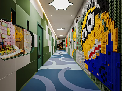 Elevator Corridor With Green White Walls Blue Wavy Floor And Lego Cartoon Decorations 3d model