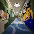 Elevator Corridor With Green White Walls Blue Wavy Floor And Lego Cartoon Decorations
