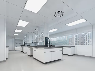 Modern White Laboratory Interior With Spacious Workbenches And Fume Hoods Large Windows Overlooking City View 3d model