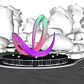 Colorful Metal Sculpture Abstract Spiral Design In Outdoor Garden With Water Fountain And Trees