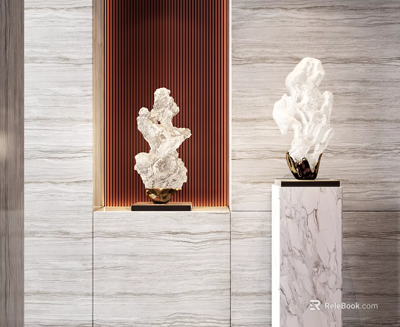 White Abstract Sculptures with Modern Design Indoor on Marble Pedestal and Red Striped Background 3d model 