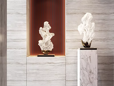 White Abstract Sculptures with Modern Design Indoor on Marble Pedestal and Red Striped Background 3d model